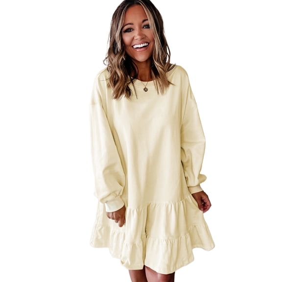 Stylish Beige Long Sleeve Mini Dress with Ruffle Hem - Perfect for Daily Wear, L
