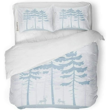 FMSHPON 3 Piece Bedding Set Blue Tall Silhouette of Amazing Pines and Two Beautiful Deers Stylish Tree Fir Twin Size Duvet Cover with 2 Pillowcase for Home Bedding Room Decoration