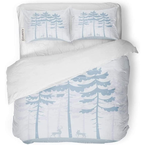 FMSHPON 3 Piece Bedding Set Blue Tall Silhouette of Amazing Pines and Two Beautiful Deers Stylish Tree Fir Twin Size Duvet Cover with 2 Pillowcase for Home Bedding Room Decoration