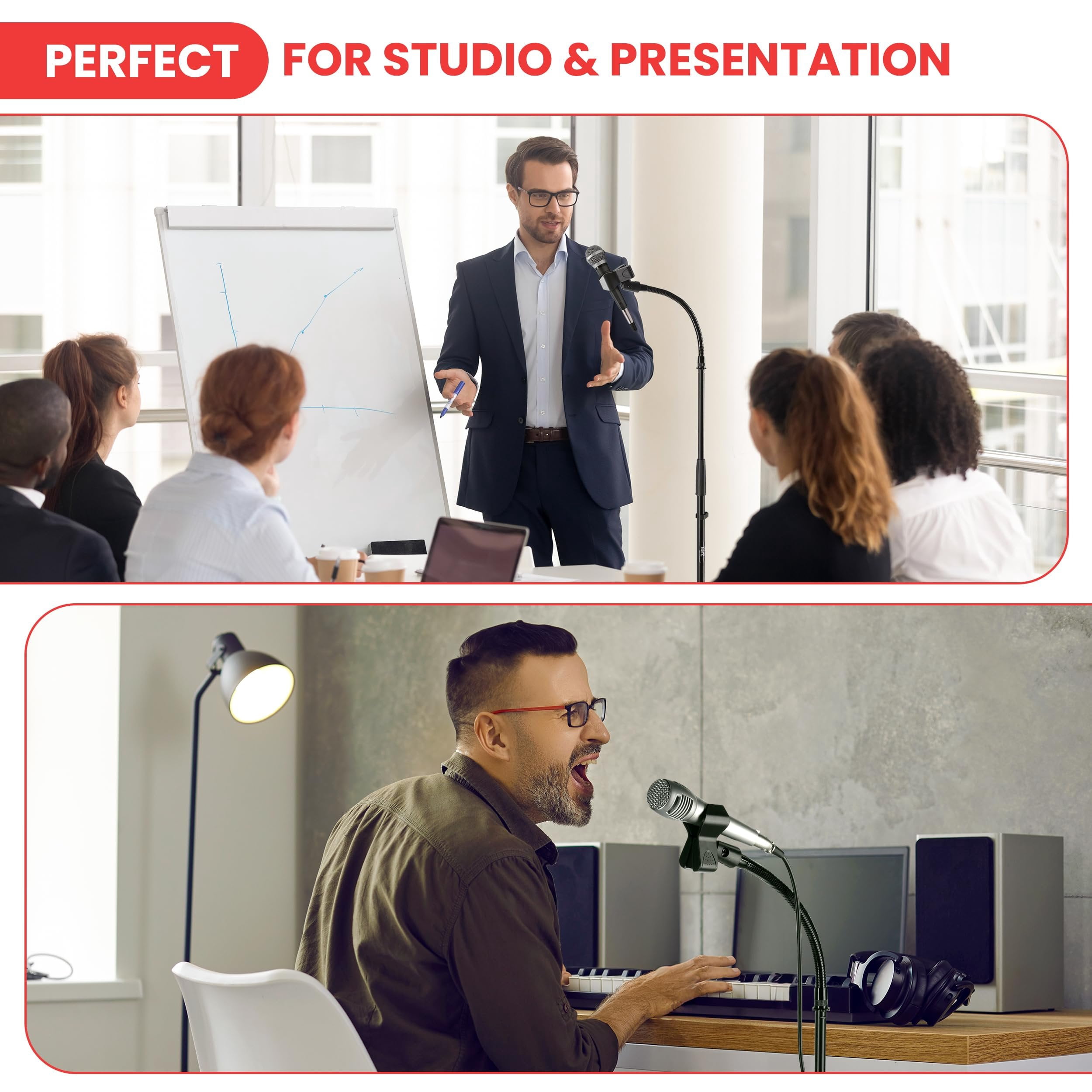 Pyle Square Base Gooseneck Microphone Stand with Mic Clip - Heavy Duty, Height Adjustable, 49.20" to 76.38”, Solid Die-Cast Base, Studio & Concert Use, Universal 5/8'' Adapter, Cable Clip Included