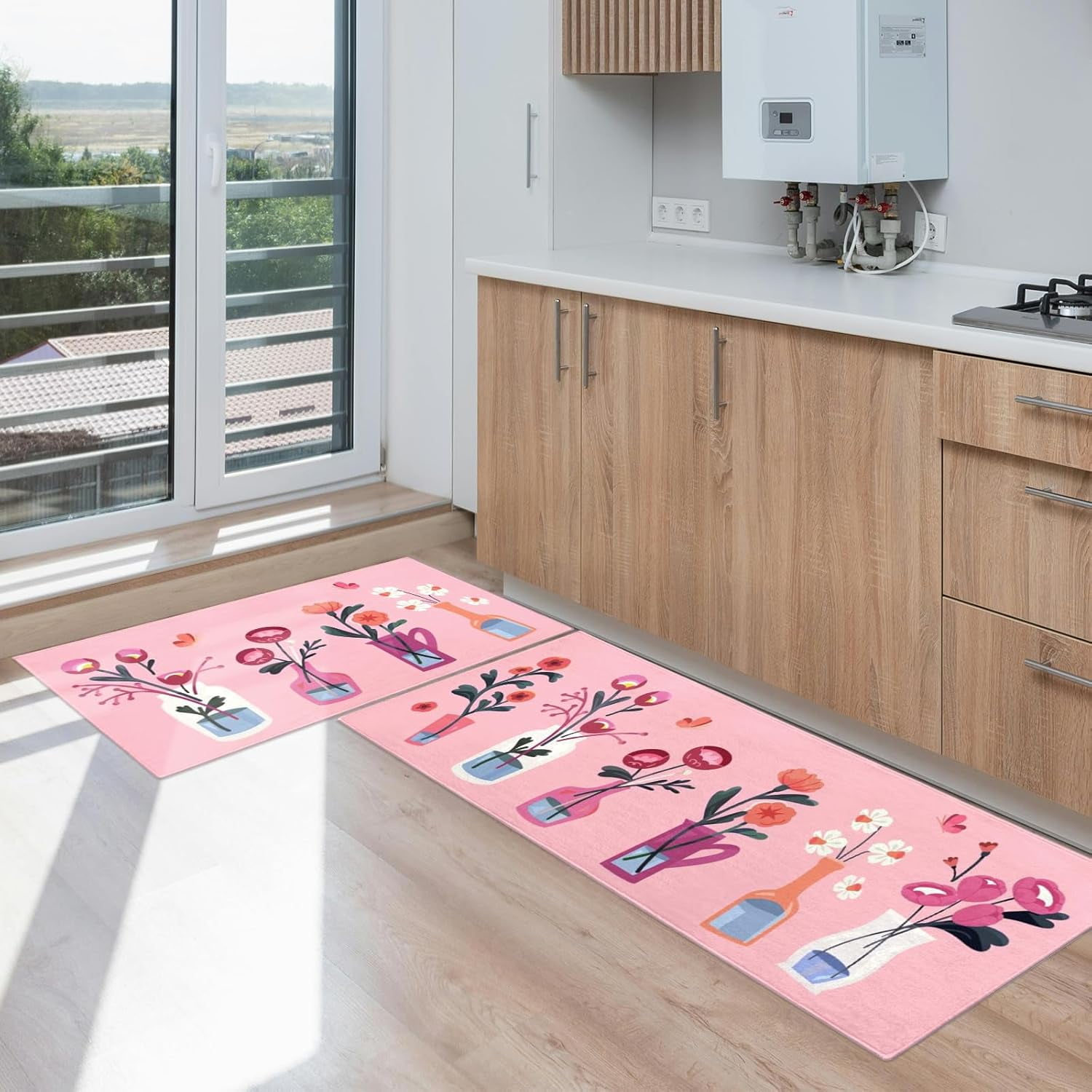 Floral Pink Kitchen Mats for Floor Set of 2, Flower Floor Mat Carpet Runner Area Rug Washable, Pink Home Kitchen Decor and Accessories Stuff, 17x30 and 17x47 Inch