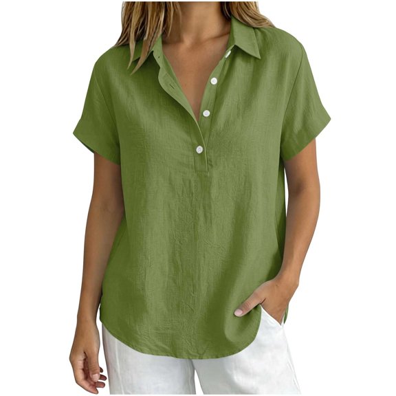 hoksml Women's Cotton Linen Collared Shirt, Short Sleeve Pull-On Button-Down Blouse, Loose Fit Casual Daily Office Wear Top