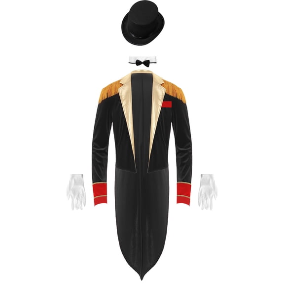 iiniim Mens Circus Magic Show Outfit Open Front Lapel Velvet Tailcoat Jacket with Accessories Set Black S