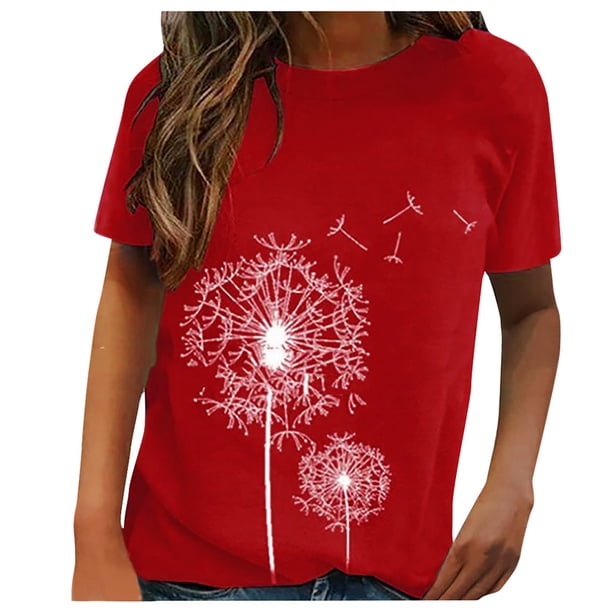 Gibobby Playera Manga Corta para Mujer Camiseta suelta con cuello redondo para mujer, blusa informal corta a la moda con mangas, blusa para mujer(Rojo,G)