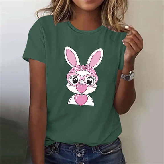Mifsaly Easter tops for Women Short Sleeve Crewneck Cotton T-Shirts Bunny with Pink Heart Glasses and Bow Graphic Lightweight Breathable Versatile Summer Tees XXL
