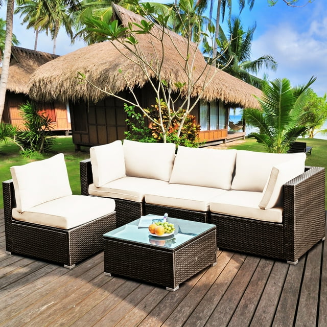Gymax Ensemble de Conversation de Patio en Rotin 5 Pcs Ensemble de Meubles de Sofa avec Coussins Blancs
