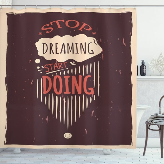 Stop Thinking Start Doing Shower Curtain, Grungy Pattern of Stripes Wavy Blobs, Fabric Bathroom Set with Hooks, 69W X 75L Inches Long, Pale Peach Dark Peach, by Ambesonne