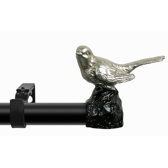 MERIVILLE 1-Inch Diameter Single Window Treatment Curtain Rod, Pewter Bird Finials, 28-Inch to 48-Inch Black Rod