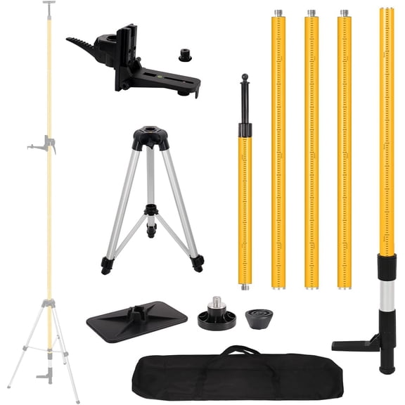 12 Ft./3.7M Professional Laser Level Pole with Tripod, Adjustable Telescoping Pole for Leveling Tools, Multi-functional Fine-tuning Bracket with 1/4” and 5/8” Thread Adapters, Includes Carrying Bag
