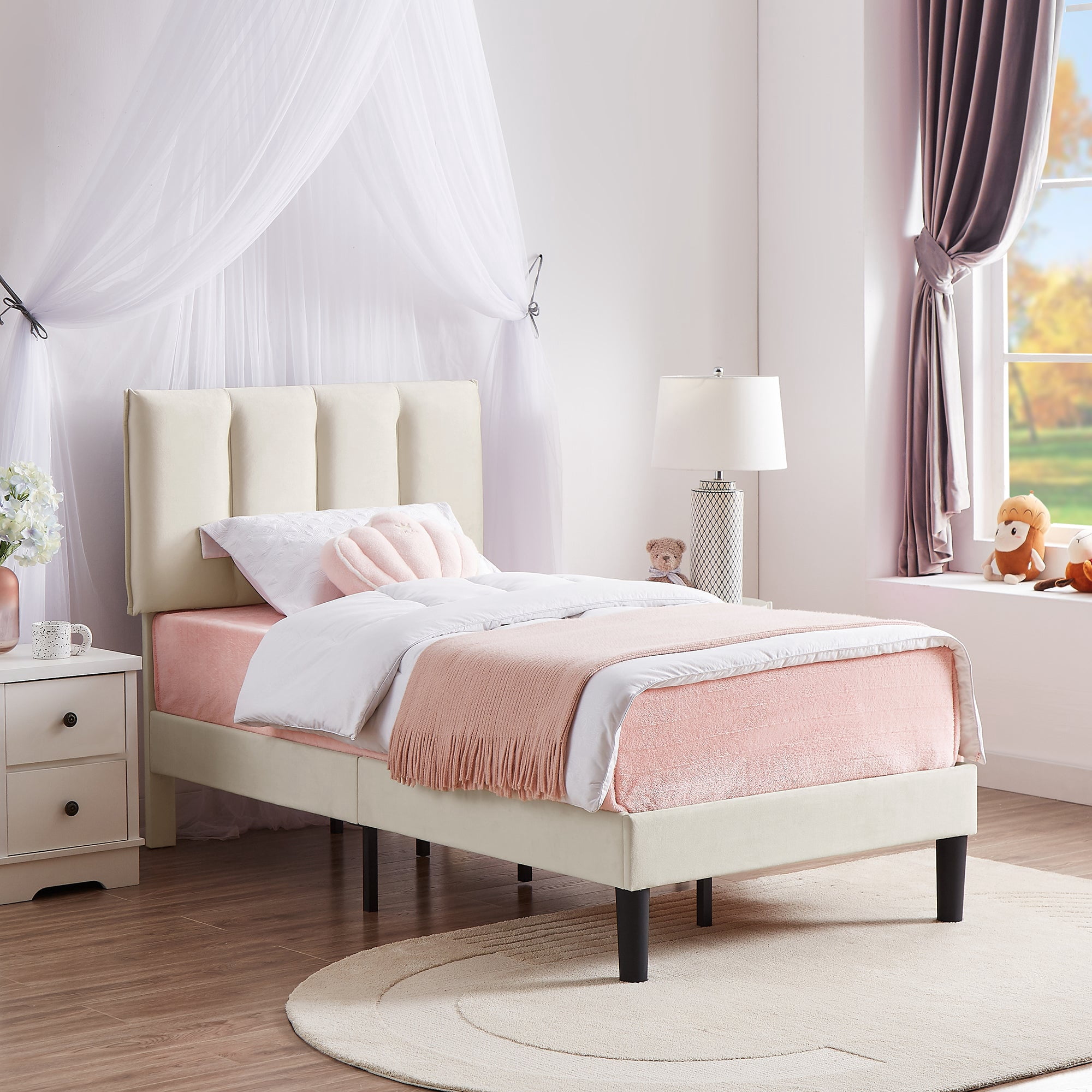 VECELO Twin Size Upholstered Platform Bed Frame with Adjustable Headboard, Wooden Slats Support, No Box Spring Needed/Easy Assembly, Beige