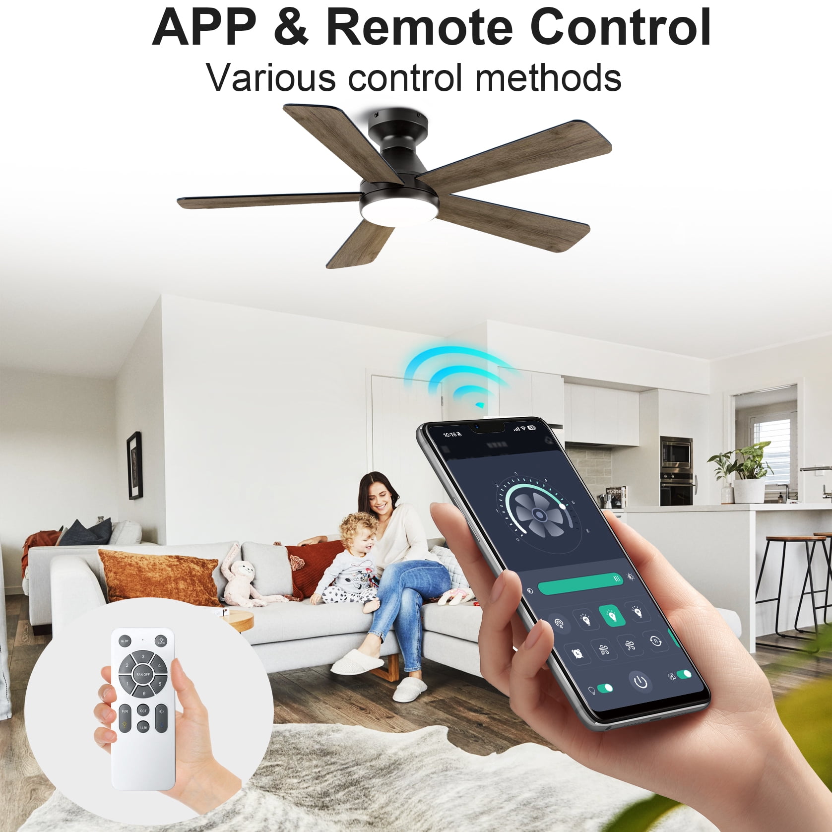 Mintazer 52 in Low Profile Ceiling Fan with Dimmable LED Light & Remote Control, Modern Ceiling Fan with Noiseless for Bedroom Living Room, Black