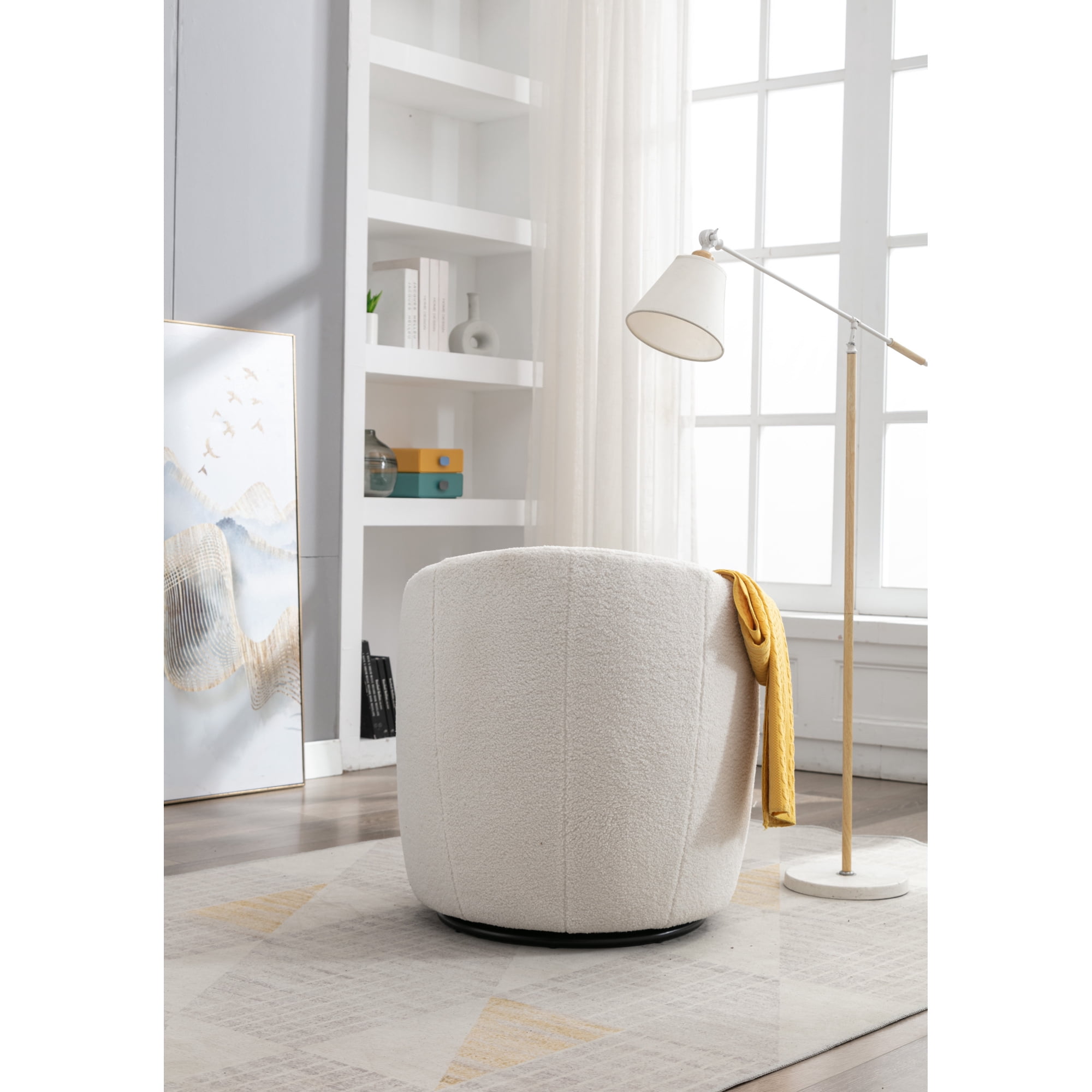 Leumius Teddy Fabric Swivel Accent Armchair Barrel Chair With Black Powder Coating Metal Ring for Bedroom Sunroom Reading Nook Ivory White
