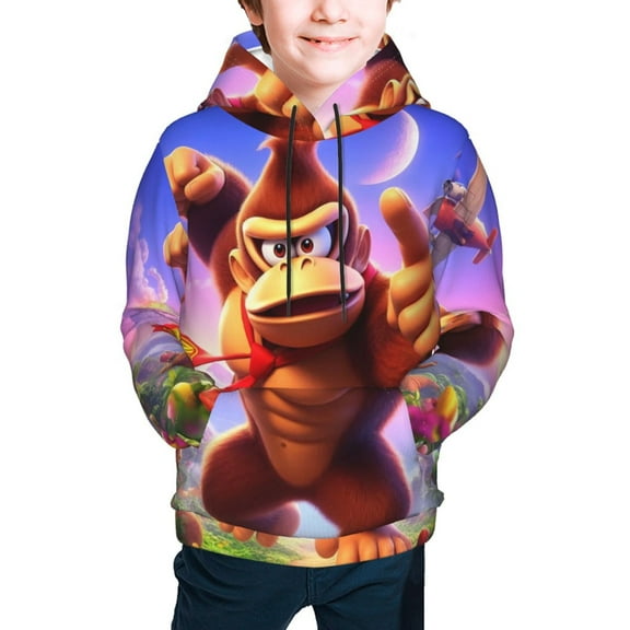 Donkey Kong Hoodies for Boys Girls Youth, Cartoon Long Sleeve Athletic Pullover Hooded Sweatshirts Tops with Pockets for Kids