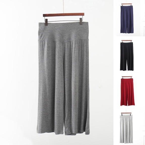 Teyfeniy Cropped Wide Leg Gaucho Pants for Women Elastic Waist Baggy Flowy Straight Solid Color Loose Casual Thin Pants
