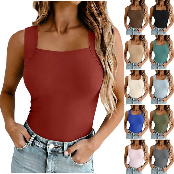 Otntypg Womens Square Neck Tank Tops Dressy Summer Sleeveless Shirts Basic Solid Color Athletic Going Out Fitted Trendy Tops Workout T Shirts