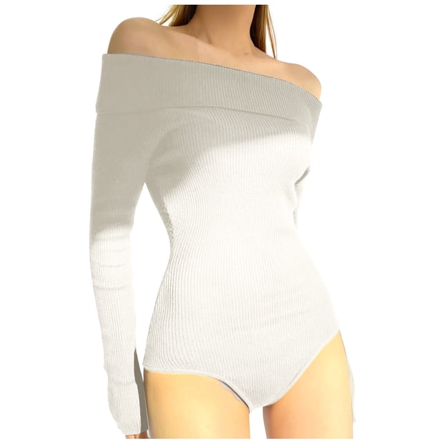 Besolor Off Shoulder Body Suits for Women Long Sleeve Knit Ribbed Basic Leotards Going out Tops 2024 Trendy Shirts White