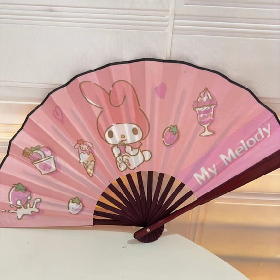 Kawaii Hello Kitty Cinnamoroll Folding Fan Sanrios Kuromi Wooden Bamboo Hand Crank Fan Creativity Portable Fan Decor Art Craft
