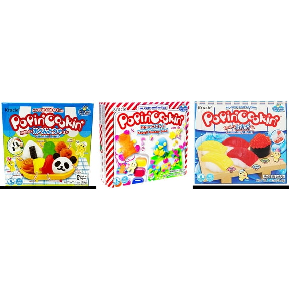 3 Pack Kracie Popin Cookin DIY Candy Kit, 3 Mixed Flavor (Bento,Kawaii Gummy Land,Sushi) Plus NineChef Brand Long Handle Coffee Spoon