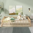 thumbnail image 6 of Full Size Floor Bed for Kids, Wood Full Montessori Bed Frame with Fence Guardrails and & Support Slats, Full Playhouse Bed with Door Design, Kids Fence Bed Playpen Bed for Boys ,Girls, Natural, 6 of 7