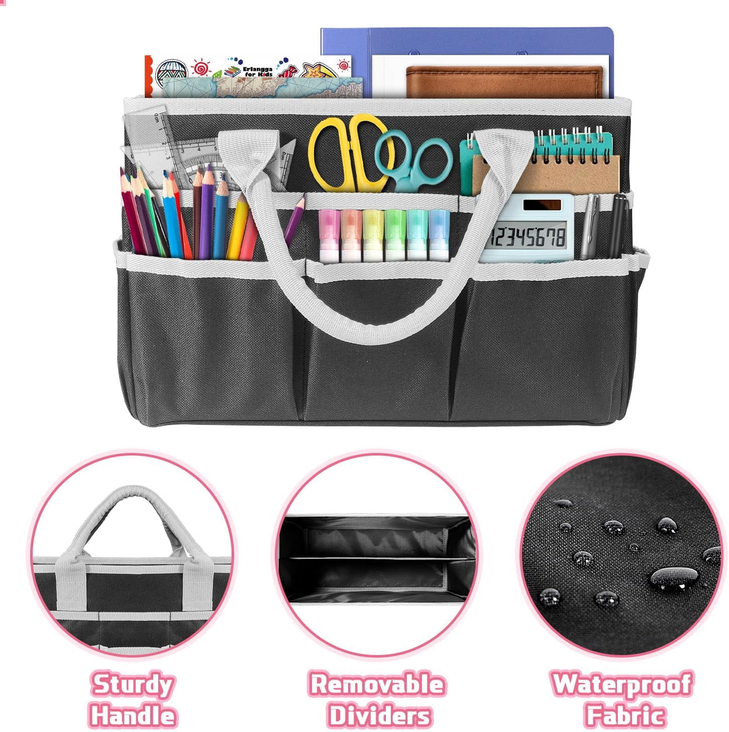 Craft Organizer Tote Bag with Multiple Pockets - Large Art Storage & Sewing Bag for Supplies, Scrapbooking, School Teachers, Medical Kits, Office & Travel Supplies Storage Caddy (Black)