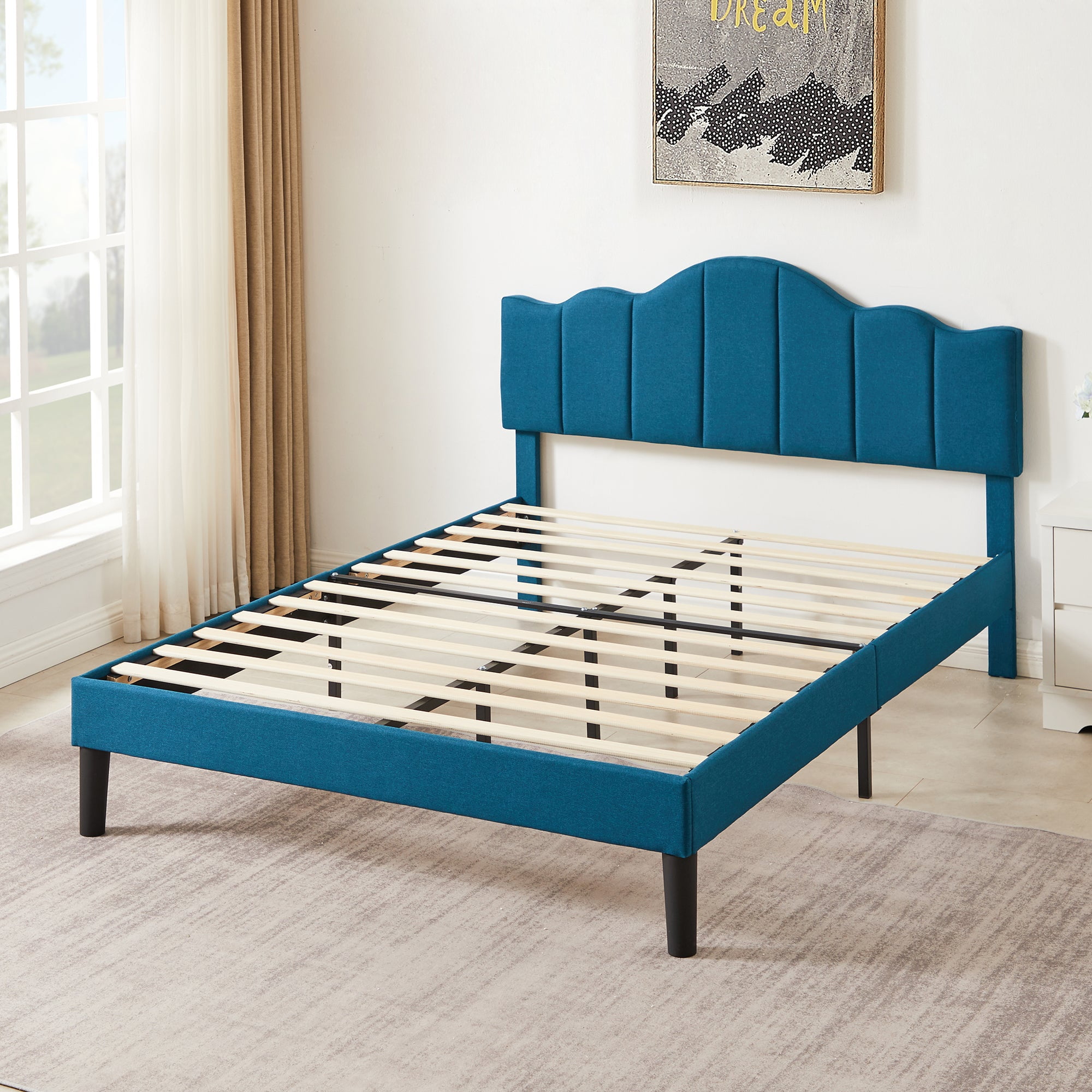 VECELO Queen Size Bed Frame, Upholstered Platform Bed with Adjustable Headboard, Wooden Slats Support, No Box Spring Needed, Easy Assembly, Eco Friendly Packaging, Blue