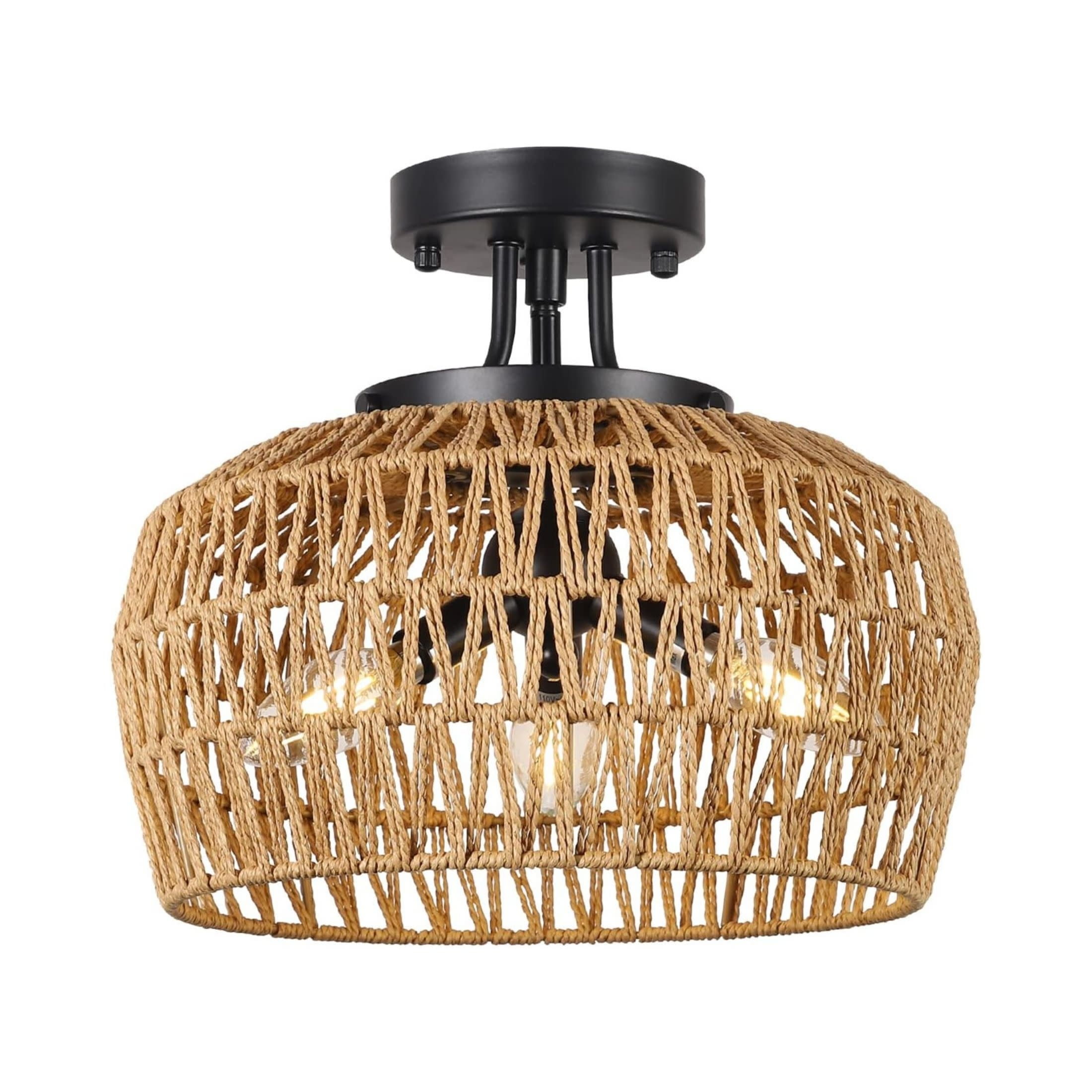 Noble House 12.6" Boho Rattan Semi Flush Ceiling Light, Natural 3-Light Wicker Close to Ceiling Fixture, Brown