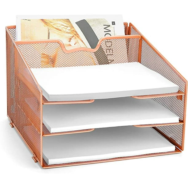 Letter Tray Organizer, Mesh Desk Organizer with 3 Tier Paper Trays and