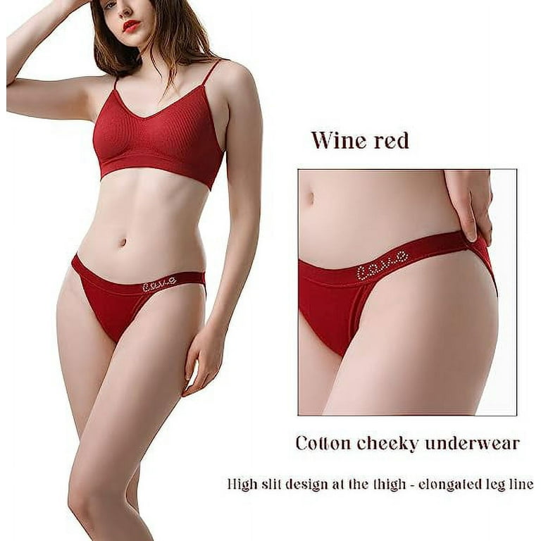 LEVAO Cotton Underwear Women Cheeky Panties Rhinestone Logo Low Rise String  Bikini Underwear 3 Pack S-XL