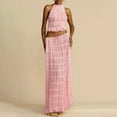 thumbnail image 4 of BYHONG Elegant Chiffon Pleated Maxi Skirt Set with Neck Crop top and Wooden Bead for Women Womens Dresses Pink S, 4 of 6
