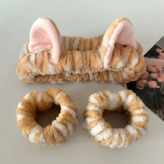 3pcs/set Cute Cat Ear Leopard Print Plush Headband For Women Girls Spa Washing Face and Makeup Headband Elastic Wrist Strap