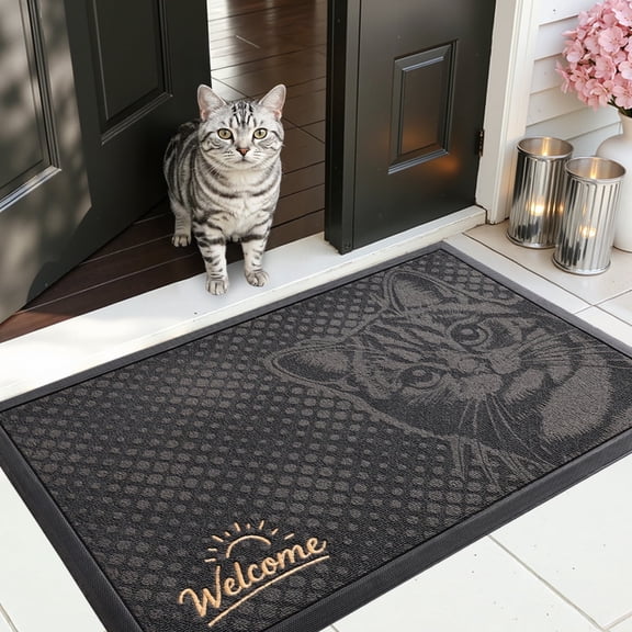 PABUBE Outdoor Doormat,Cat Welcome Mat, Heavy Duty Durable Doormat Outdoor Entrance, Non-Slip Dirt & Mud Trapper Outdoor Mat for Front Doors