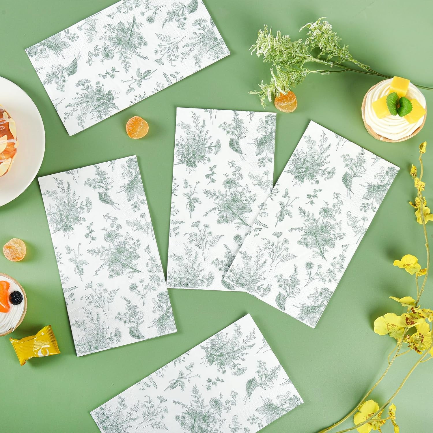 100 Floral Guest Napkins Sage Green White Toile Disposable Paper Napkins Flower Bathroom Hand Towels for Tea Party Christmas Bridal Baby Shower Party Supplies