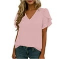 thumbnail image 5 of Enjoytime Dressy Tops for Women Solid Color V-Neck Pleated Base Blouse Short Sleeve Shirts Business Work Casual Shirts Pink L, 5 of 8