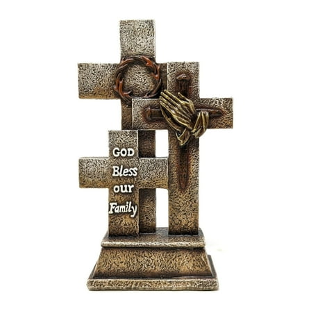 Triple Standing Cross with God Bless Our Family, Praying Hands, Nails and Crown of Thorns Rustic Design – Resin Religious Gift for Spiritual Encouragement–Inspirational Décor for Home & Prayer Room