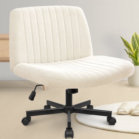 CELTOSS Criss Cross Legged Home Office Chair, Fabric Armless Swivel Task Computer Chair with Wheels, Wide Seat, Vanity Chair, Comfy Chair, Beige