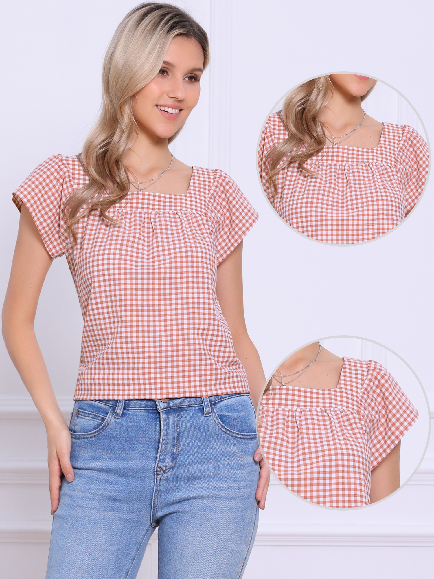 DARING DIVA Women's Cute Cap Sleeve Square Neck Plaid Blouses XS Cameo Brown