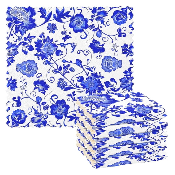 Blue Wild Flowers Leaves Dish Cloths Dish Towels Cleaning Cloths Quick Drying Reusable 11" x 11" Set of 6