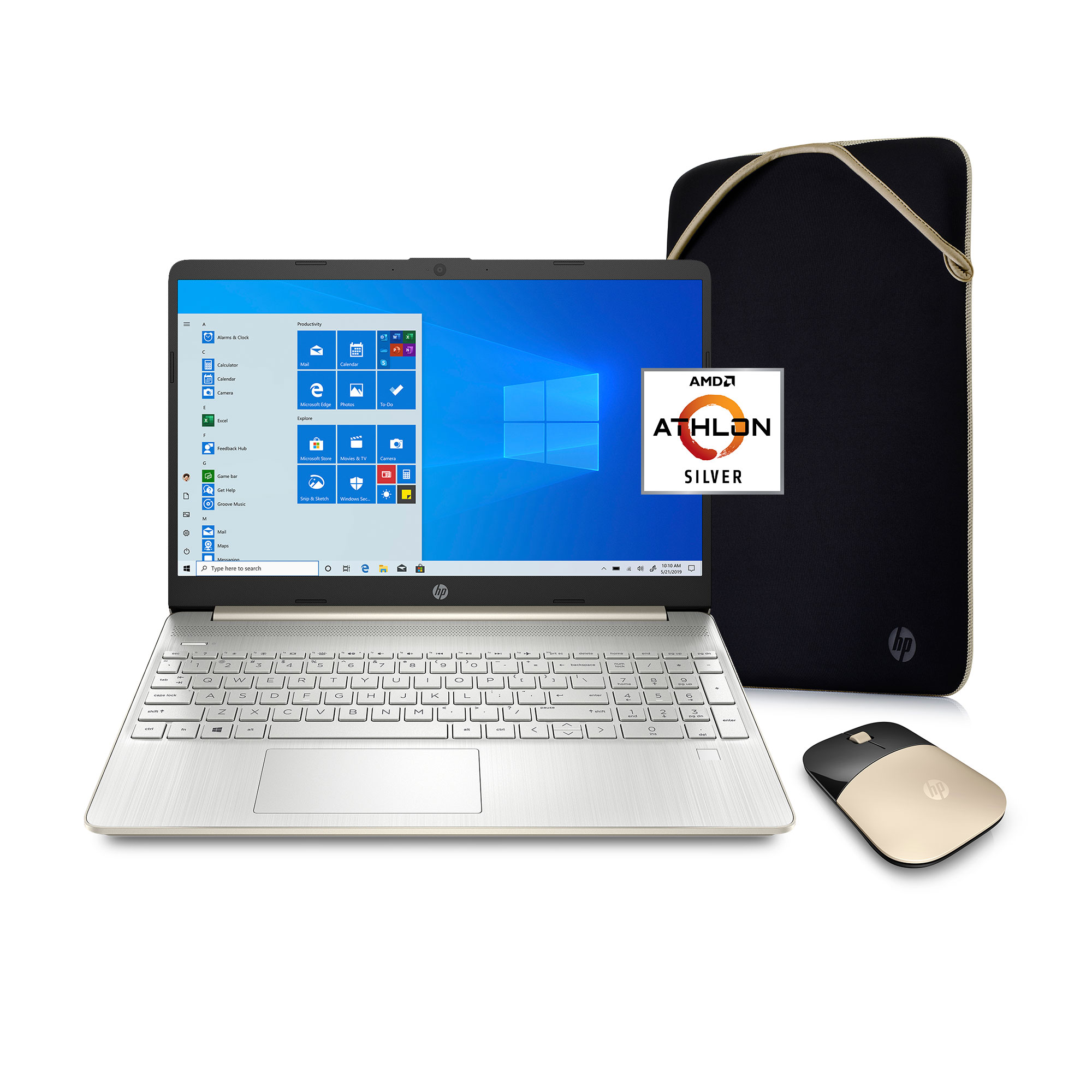 HP 15.6″, Athlon N3050, 4GB RAM, 128GB SSD, Wireless Mouse, Sleeve, Gold, Windows 10 Home in S mode with Microsoft 365, 15-ef1072wm