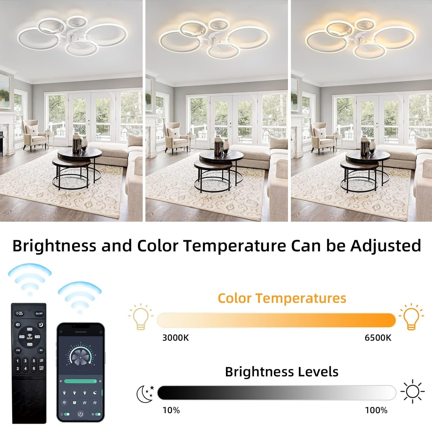39.4'' Ceiling Fan with Light and Remote Control ，Low-Profile Modern Flush Mount Installation, Dimmable with 6 Speed Options for Bedrooms, Living Rooms, Dining Rooms, and Kitchens