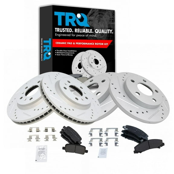 TRQ Front and Rear Performance Brake Pad & Rotor Kit Brake Pads Brake Rotors Set Semi-Metallic Premium G-Coated Fits Select 2011-2013 Chevrolet Impala 2014-2016 Impala Limited