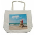 thumbnail image 1 of Christmas Shopping Bag, Sandman with Santa Hat Sunbath Foreground of Puffy Clouds Relax Tranquil Scene, Eco-Friendly Reusable Bag for Groceries Beach and More, 15.5" X 14.5", Cream, by Ambesonne, 1 of 2