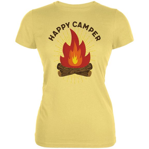 Hiking Happy Camper Campfire Juniors Soft T Shirt Yellow SM