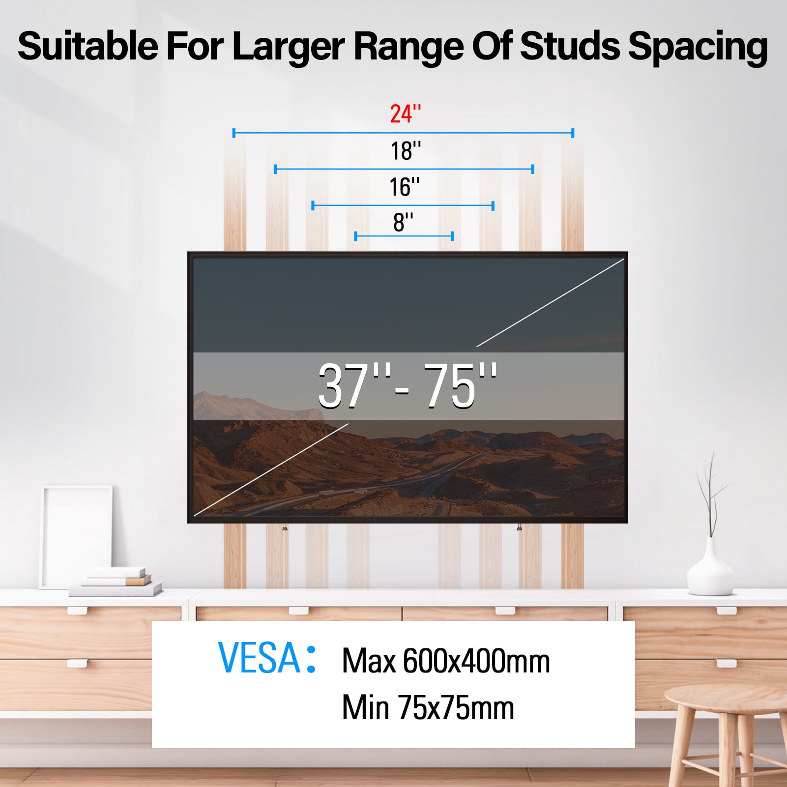 MOUNT PRO Tilting TV Wall Mount for TVs up to 75 Inch, 110 lbs, Max VESA 600x400mm, Low Profile TV Bracket Fits 24" Wood Stud