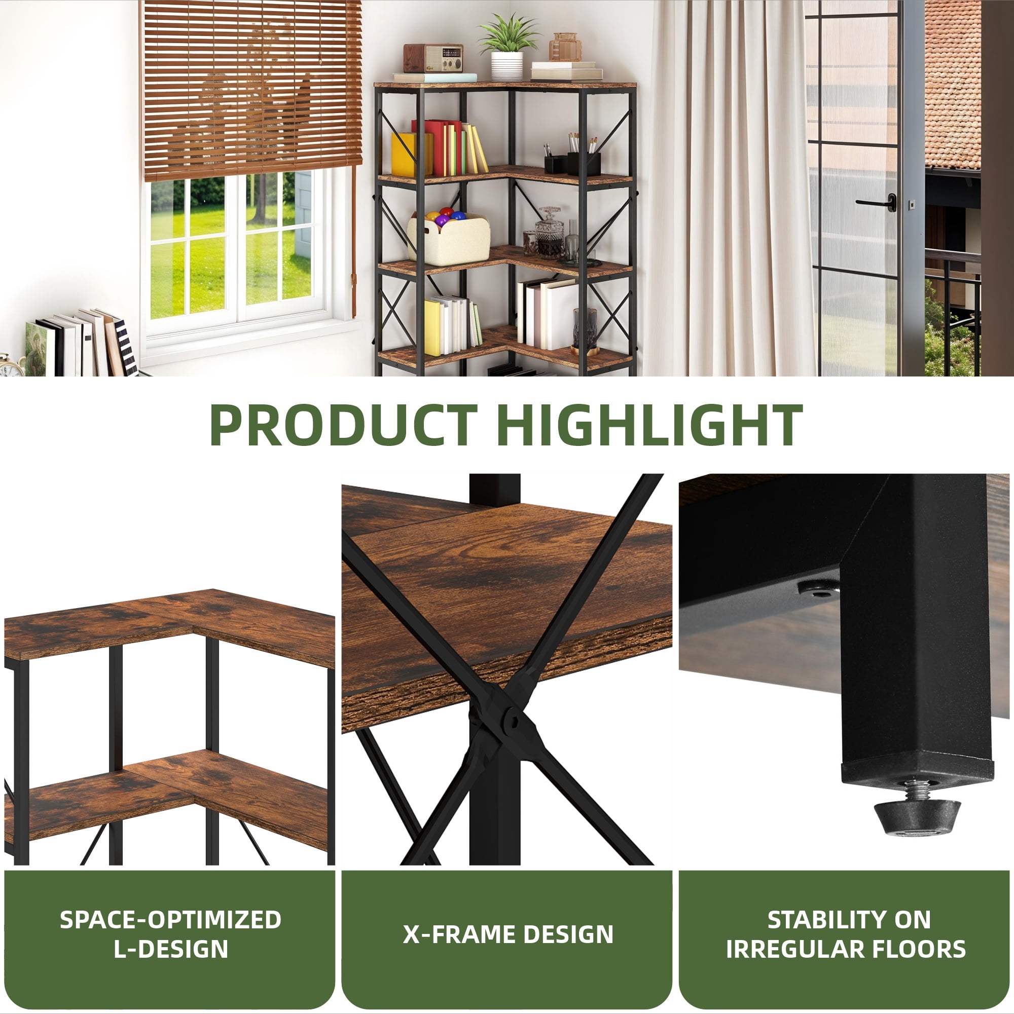 Uforic 5-Tier Corner Bookshelf, Corner Shelf Display Bookcase with Metal Frame for Home Office, Brown