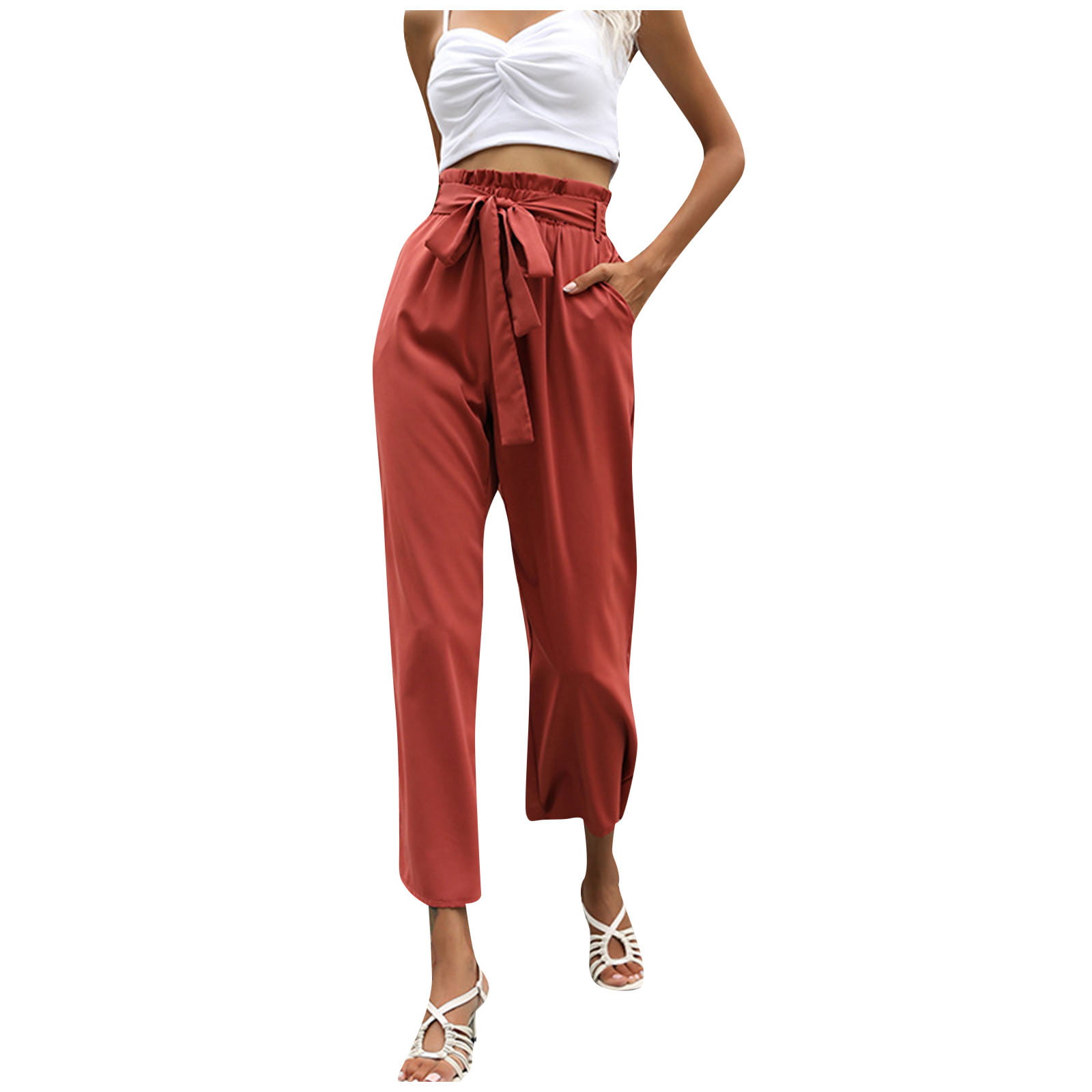 ZXHACSJ Women Relaxed Leisure Pants Solid Color Flip Pocket Straight Leg  Pants Red M