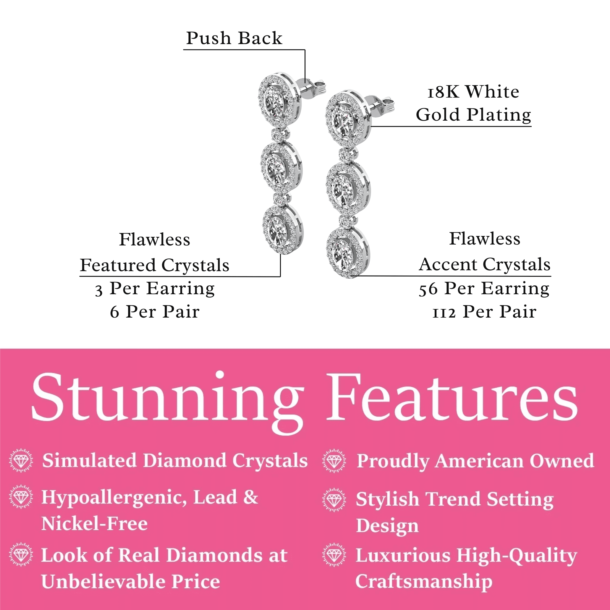 Cate & Chloe Lorraine 18k White Gold Plated Dangle Earrings with Simulated Diamonds for Women