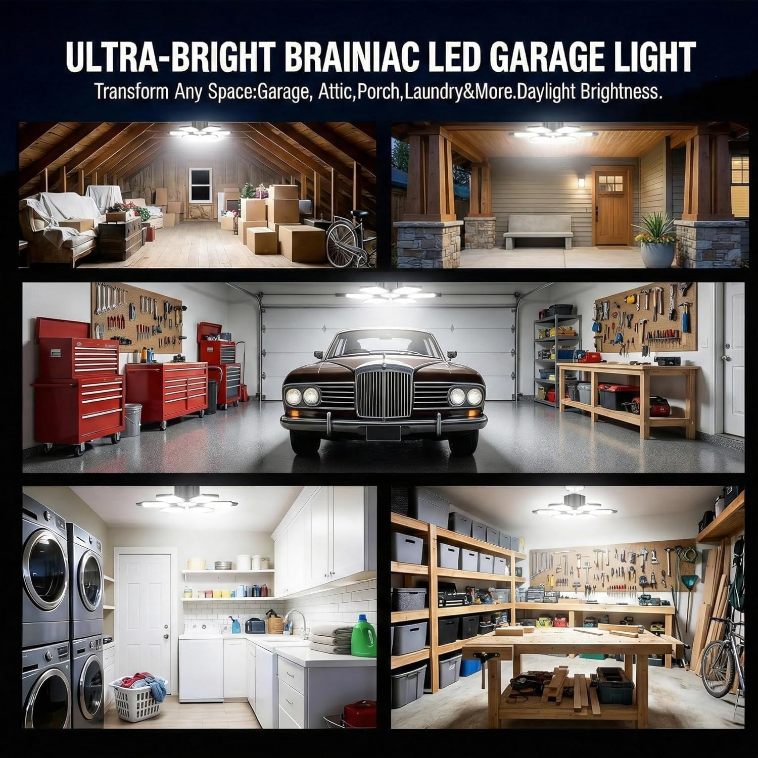 100W LED Garage Lights, 10000LM Ultra Bright Shop Light with 6+1 Adjustable Panels, 6500K Daylight E26/E27 Screw-in Deformable Ceiling Light Bulb for Workshop, Barn, Basement, Warehouse