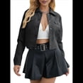 thumbnail image 1 of Chaqueta Corta de Piel Sintética para Mujer, Cuello Vuelto, Bolsillo con Solapa y Broches, Estilo Retro. Negro S, 1 of 10