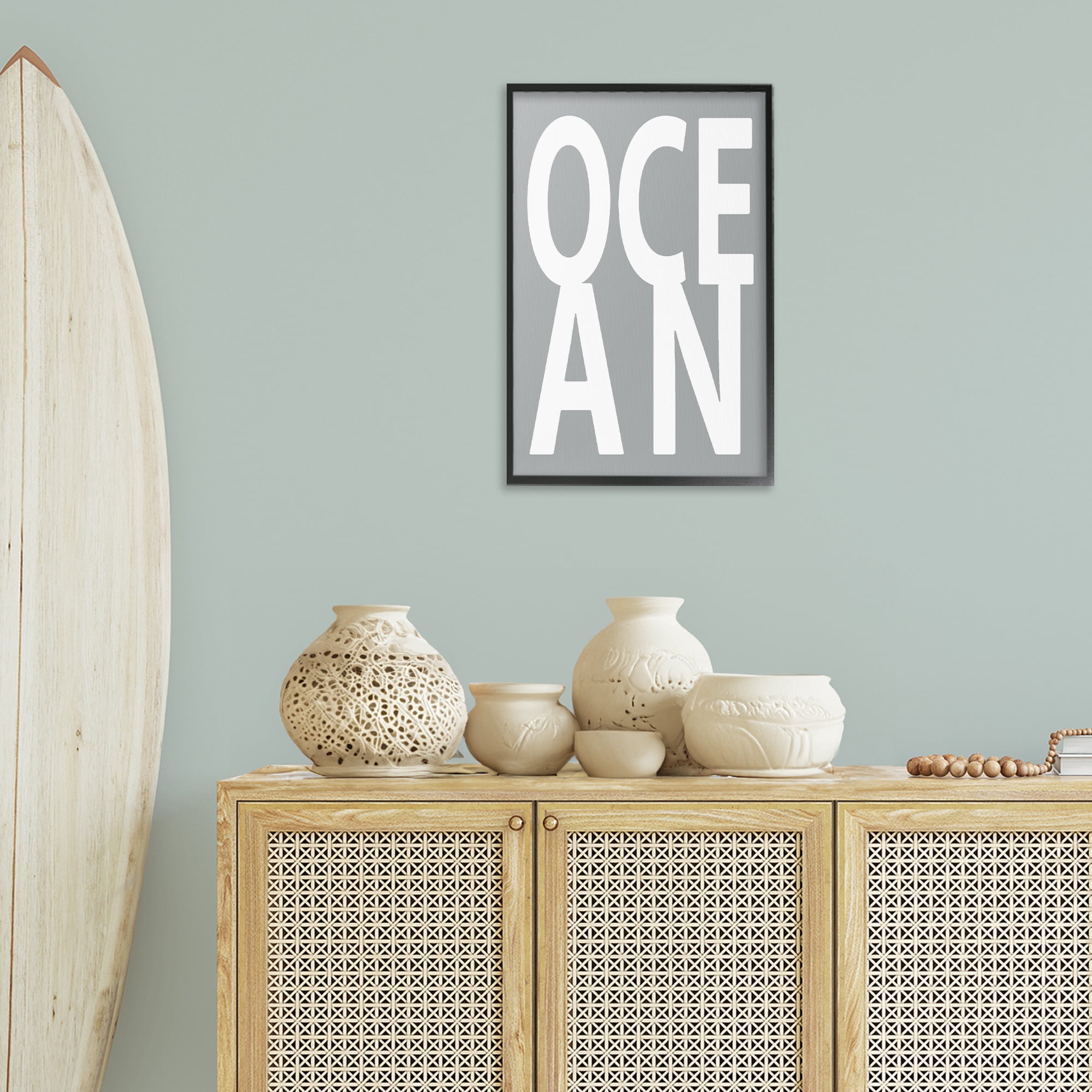 Stupell Industries Ocean Word on Grey Typography Painting Black Framed Art Print Wall Art, 16 x 24