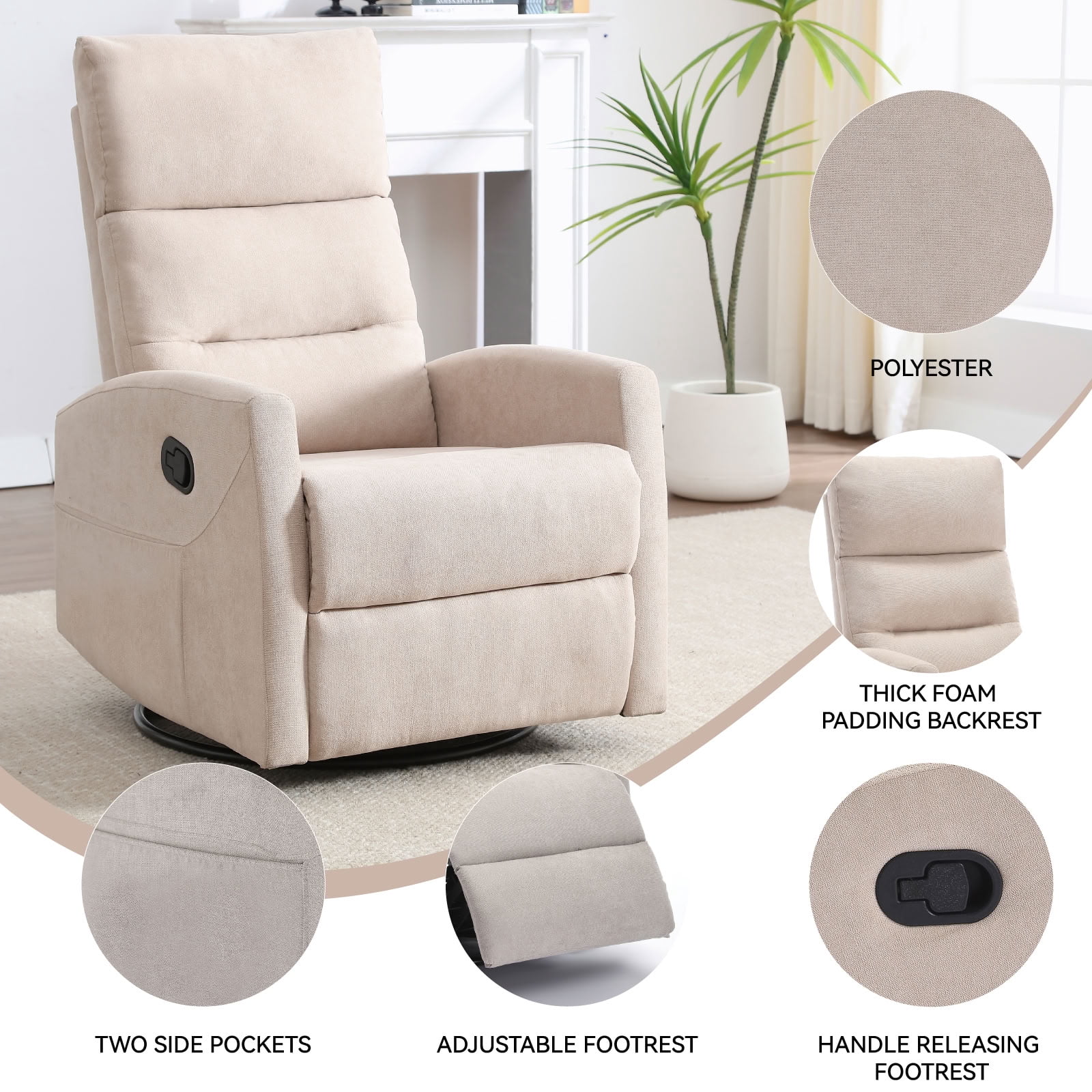 MAYEERTY 360 Degree Swivel Rocker Recliner Chair, Manual 155° Recline Glider Armchair, for Living Room Nursery Bedroom